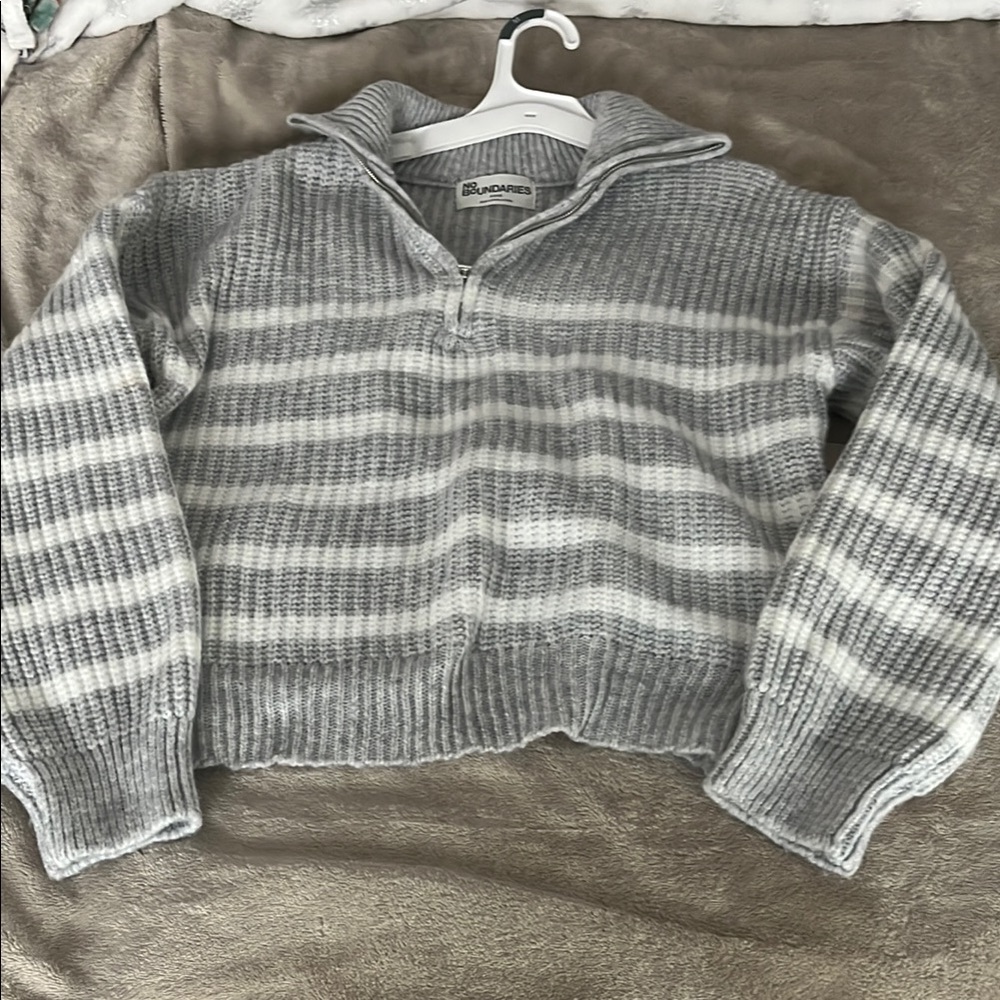 Gray and White Striped Quarter-Zip Sweater
